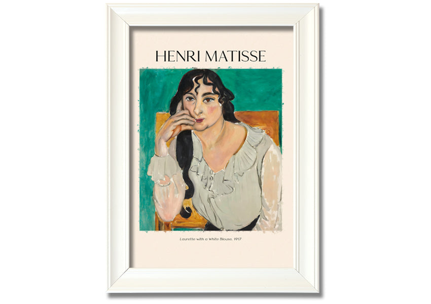 Canvas print of 'Laurette With A White Blouse' by Henri Matisse, featuring vibrant colors and a modern box frame.