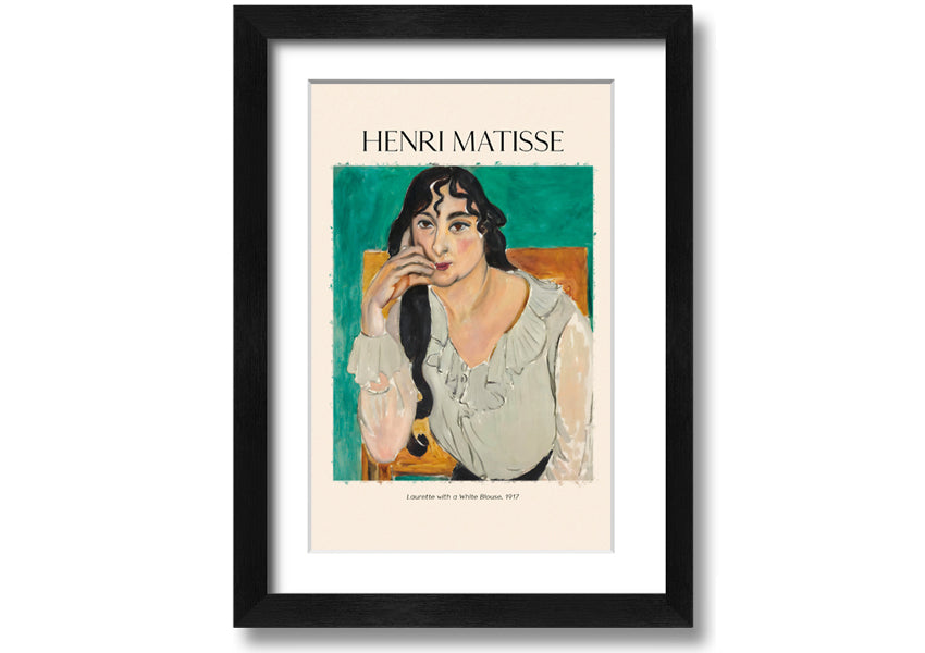 Canvas print of 'Laurette With A White Blouse' by Henri Matisse, featuring vibrant colors and a modern box frame.