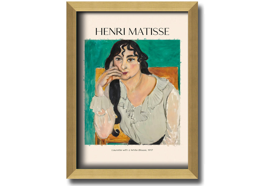 Canvas print of 'Laurette With A White Blouse' by Henri Matisse, featuring vibrant colors and a modern box frame.