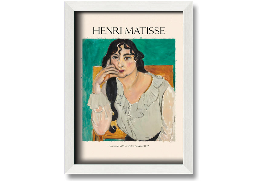 Canvas print of 'Laurette With A White Blouse' by Henri Matisse, featuring vibrant colors and a modern box frame.