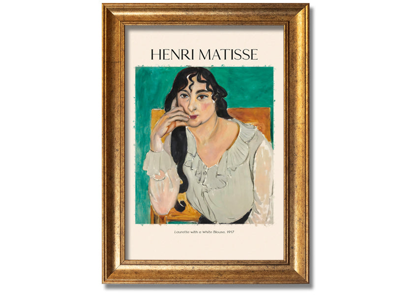 Canvas print of 'Laurette With A White Blouse' by Henri Matisse, featuring vibrant colors and a modern box frame.