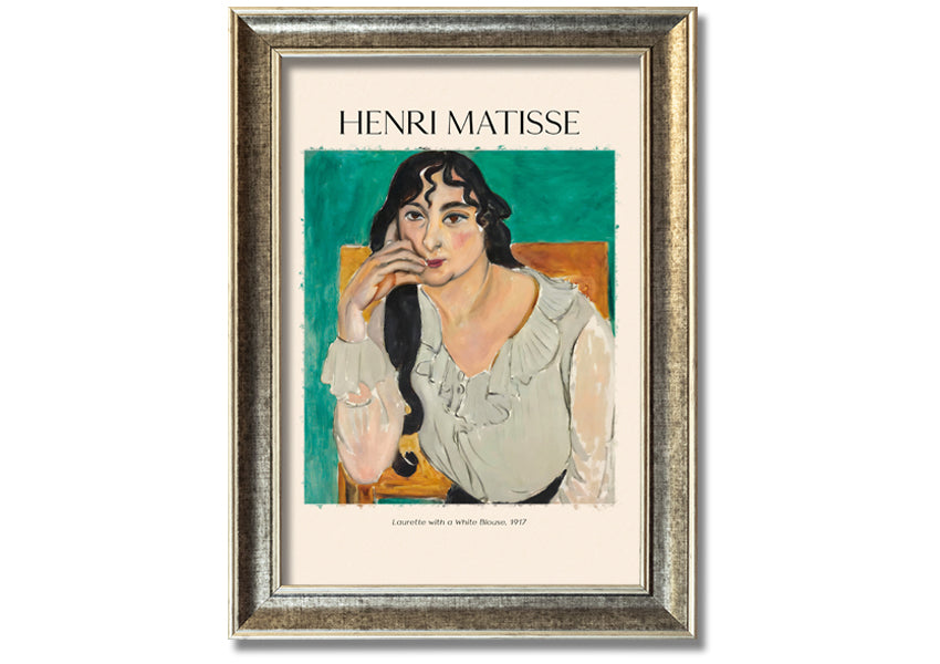 Canvas print of 'Laurette With A White Blouse' by Henri Matisse, featuring vibrant colors and a modern box frame.