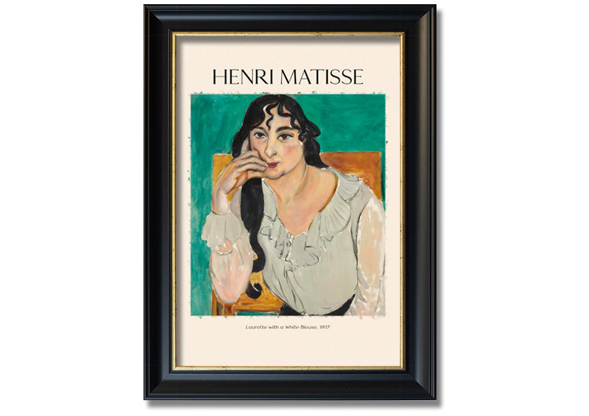 Canvas print of 'Laurette With A White Blouse' by Henri Matisse, featuring vibrant colors and a modern box frame.