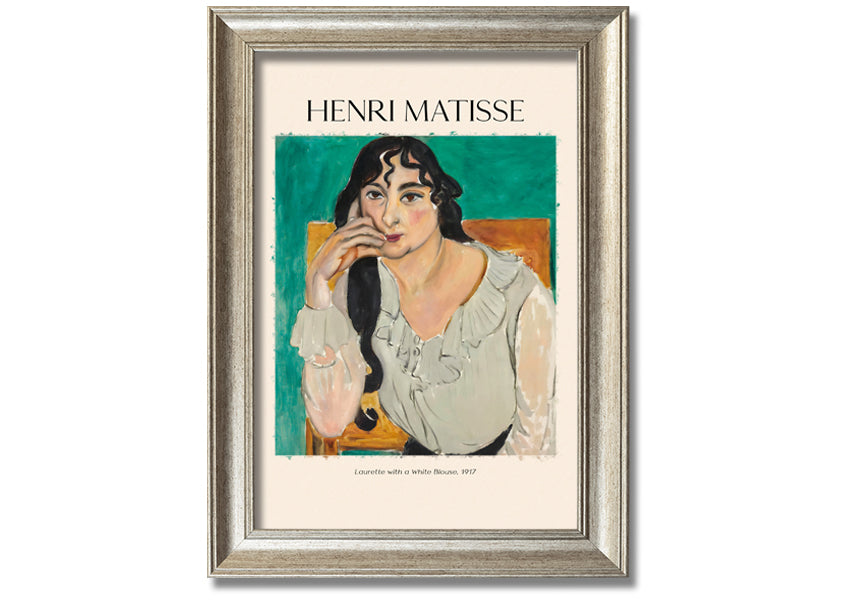 Canvas print of 'Laurette With A White Blouse' by Henri Matisse, featuring vibrant colors and a modern box frame.