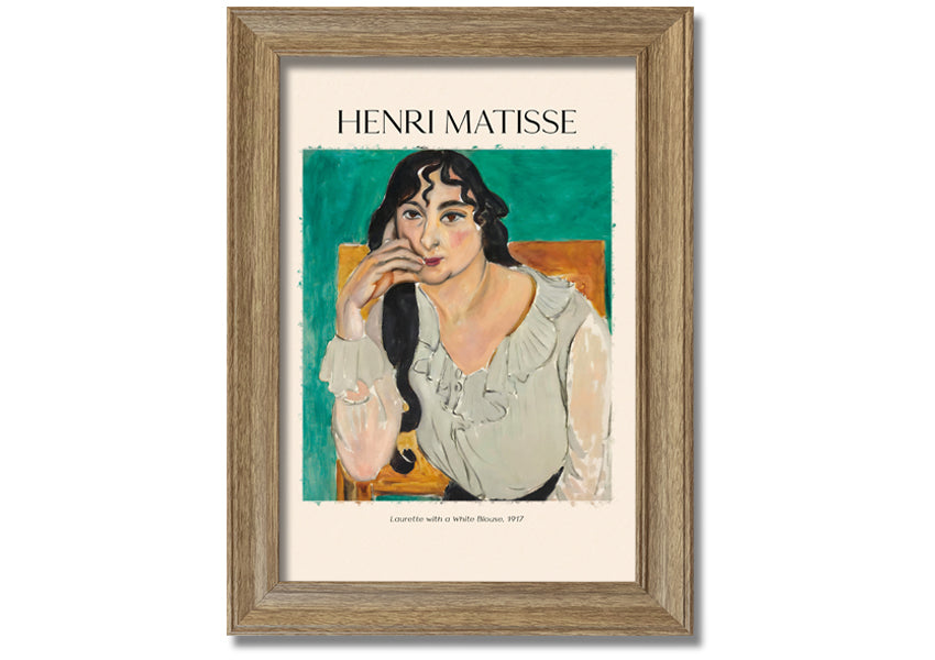 Canvas print of 'Laurette With A White Blouse' by Henri Matisse, featuring vibrant colors and a modern box frame.