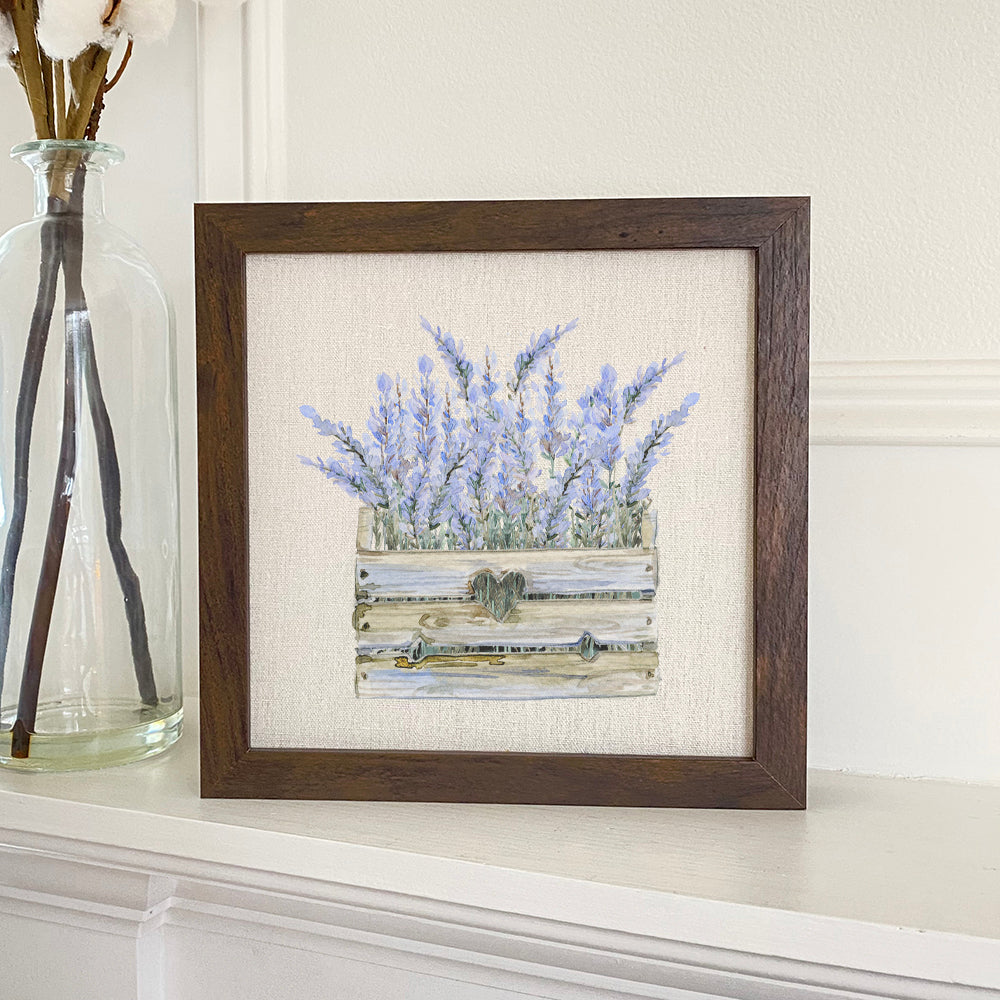 Lavender Basket Framed Sign with a stylized wood frame, eco-friendly ink printing on a linen-look background, displayed on a shelf.