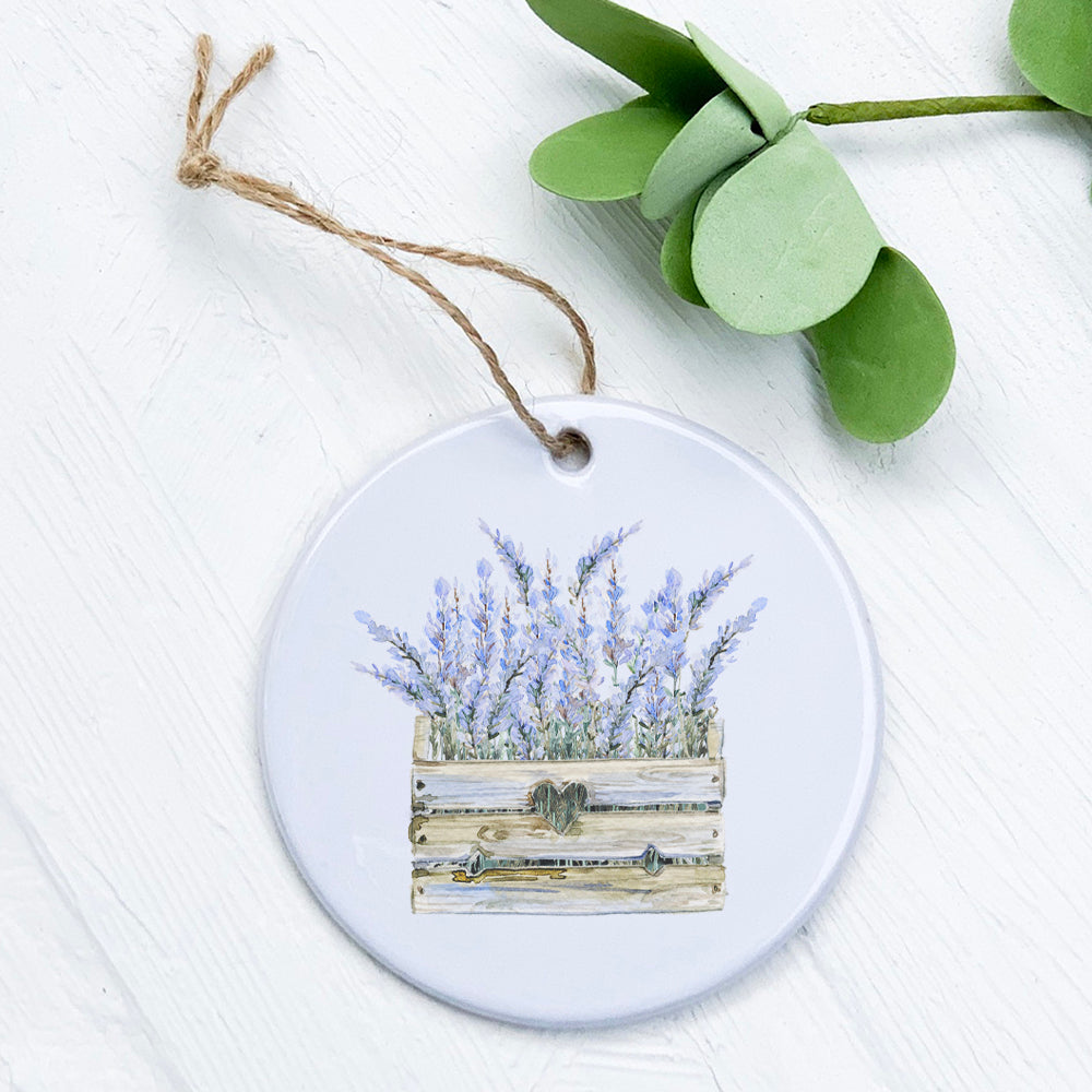 Lavender Basket porcelain ornament featuring a vibrant lavender design, perfect for gifts or home decor.