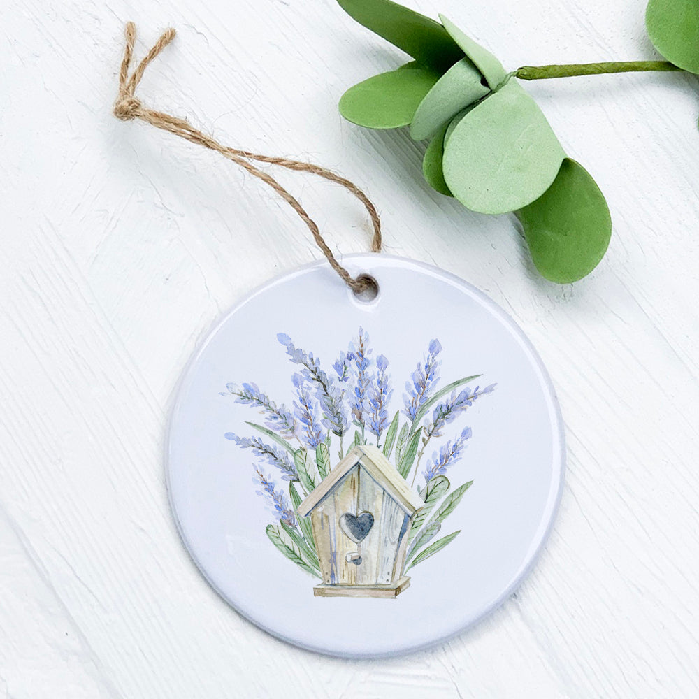 Lavender Birdhouse ornament made of high-quality porcelain with a glossy finish, featuring a vibrant design.