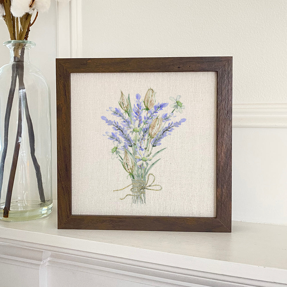 Lavender Bouquet Framed Sign with a wood frame, featuring eco-friendly printing on a linen-look background.