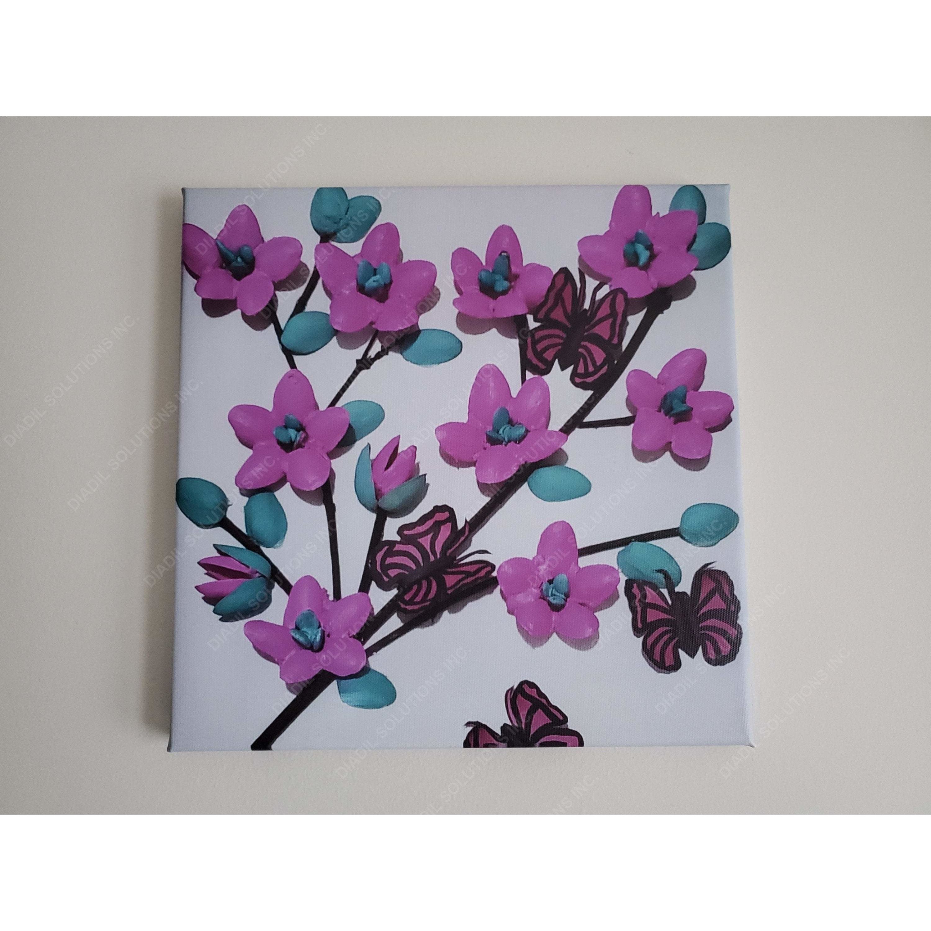 A beautifully framed canvas featuring a lavender flower and butterfly, showcasing vibrant colors and intricate details.