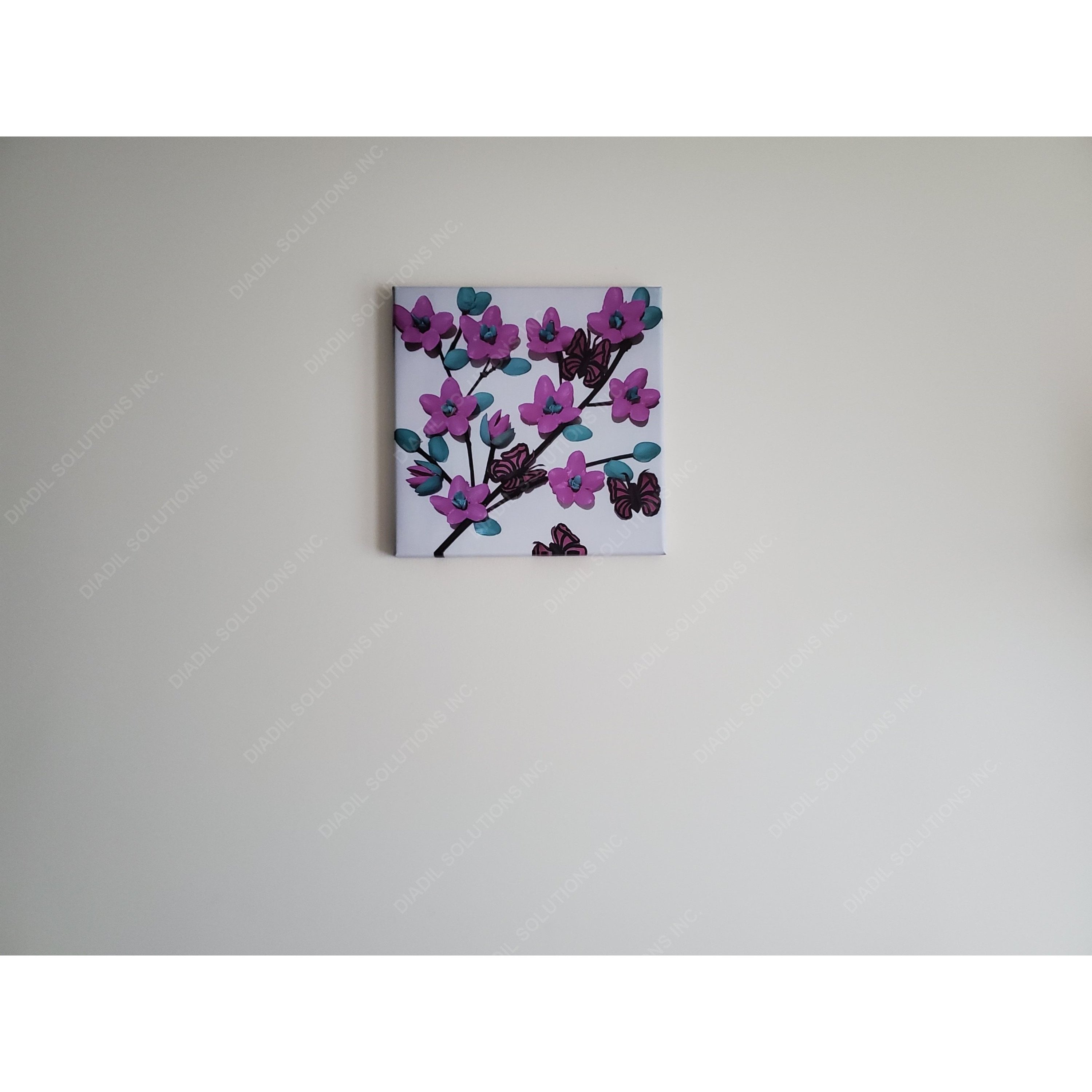 A beautifully framed canvas featuring a lavender flower and butterfly, showcasing vibrant colors and intricate details.