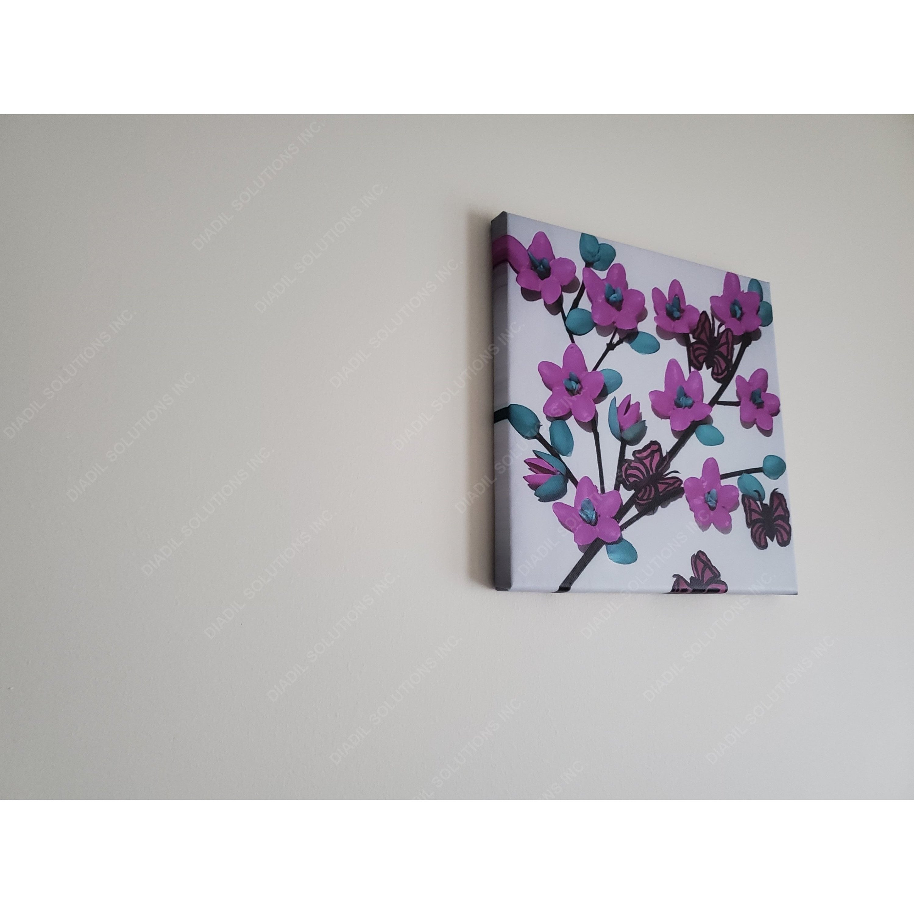 A beautifully framed canvas featuring a lavender flower and butterfly, showcasing vibrant colors and intricate details.