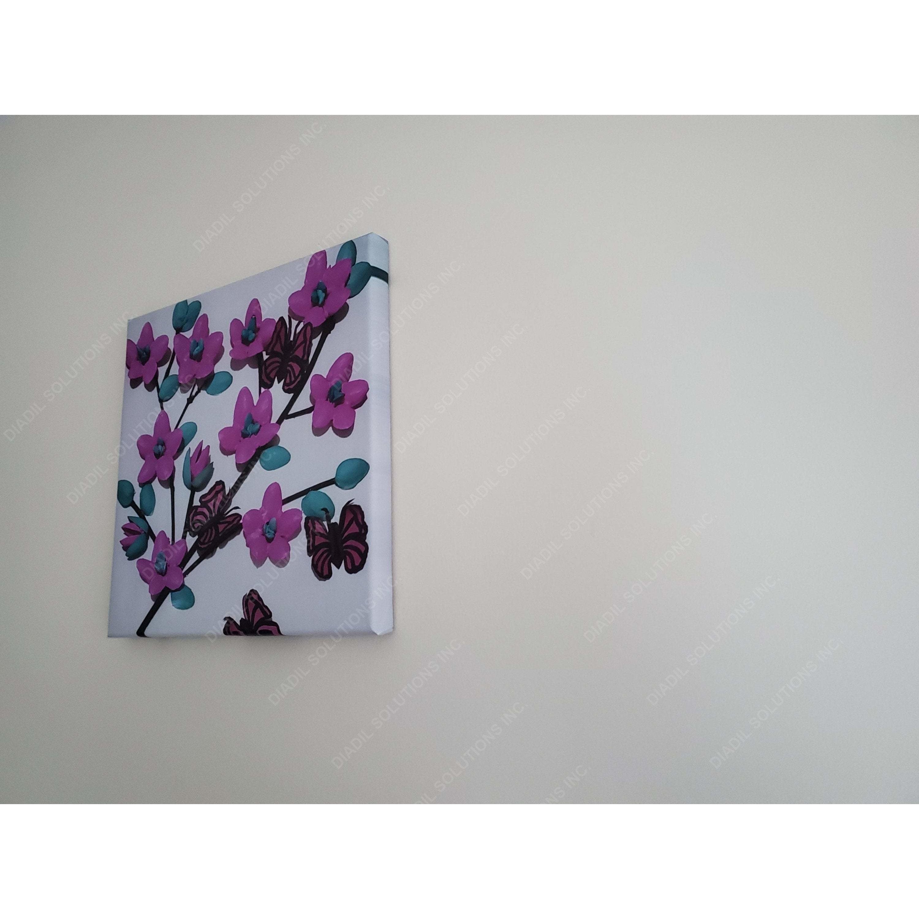 A beautifully framed canvas featuring a lavender flower and butterfly, showcasing vibrant colors and intricate details.