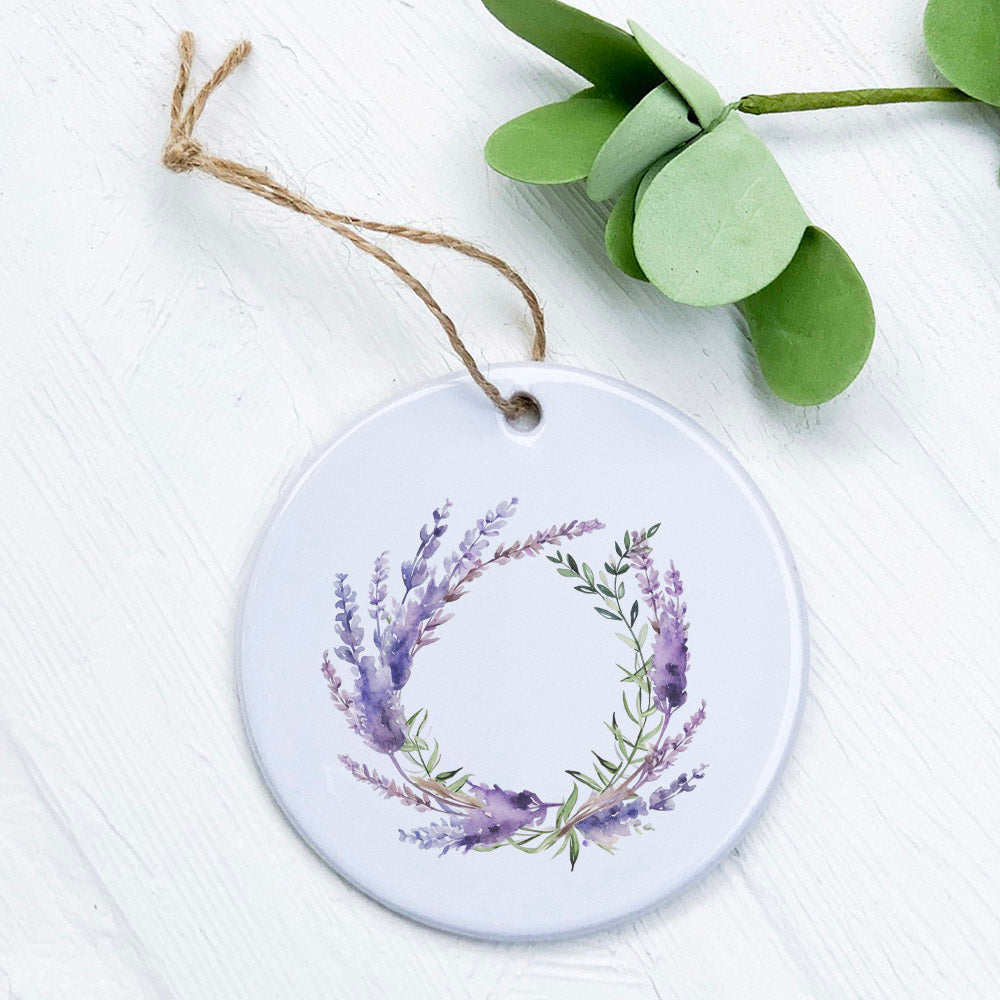 Lavender Wreath porcelain ornament with vibrant design, 2.75 inches in diameter, perfect for gifting and decoration.