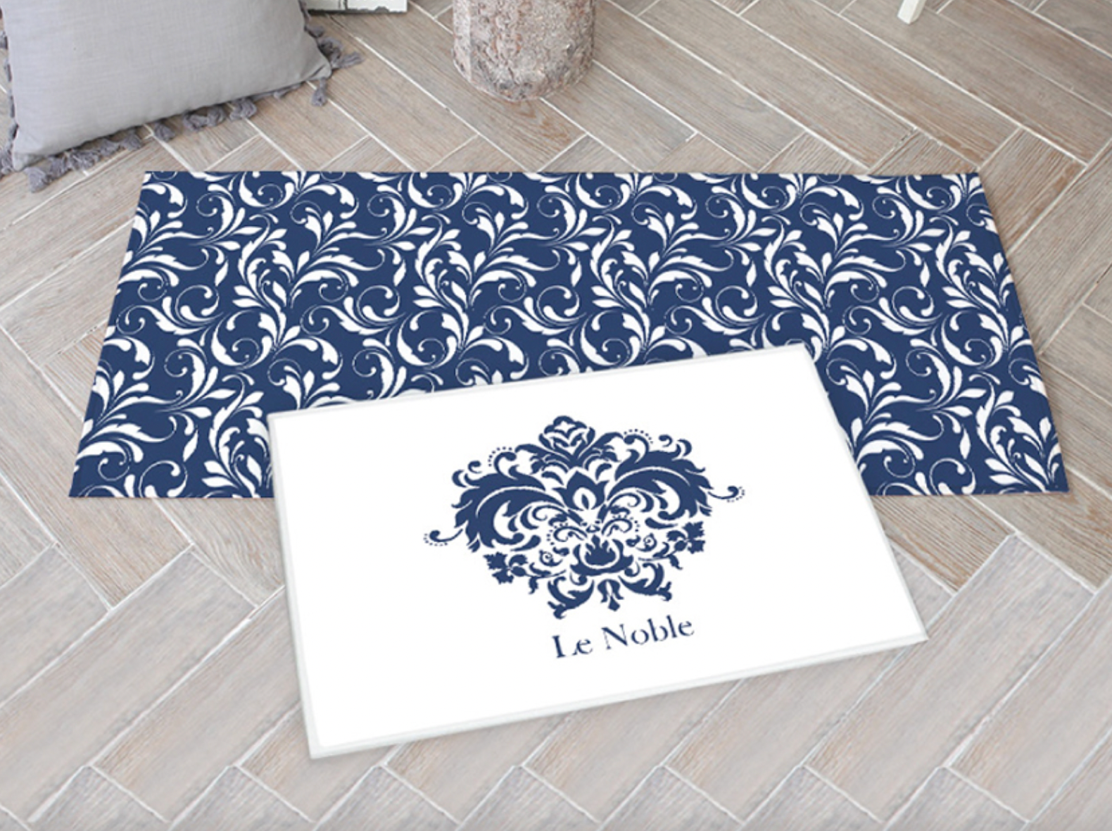 Le Noble floor mat and kitchen mat set in elegant design, showcasing high-quality microfiber and non-slip features.