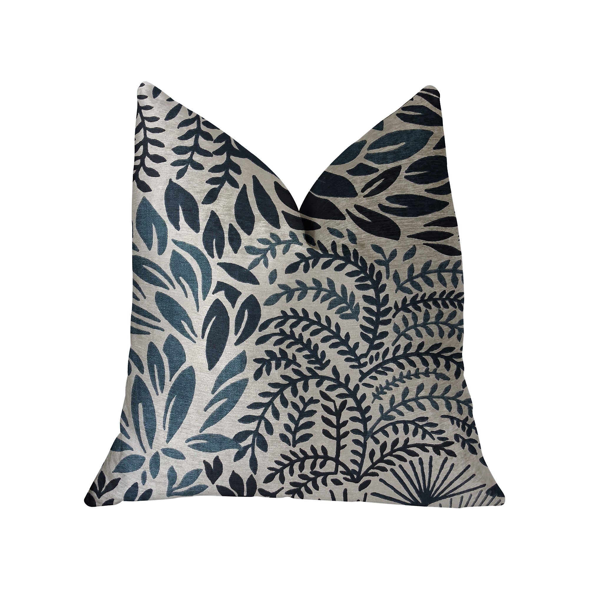 Leaf Snap Blue and Beige Luxury Throw Pillow featuring a floral pattern, handmade in the USA with a soft cotton fabric.