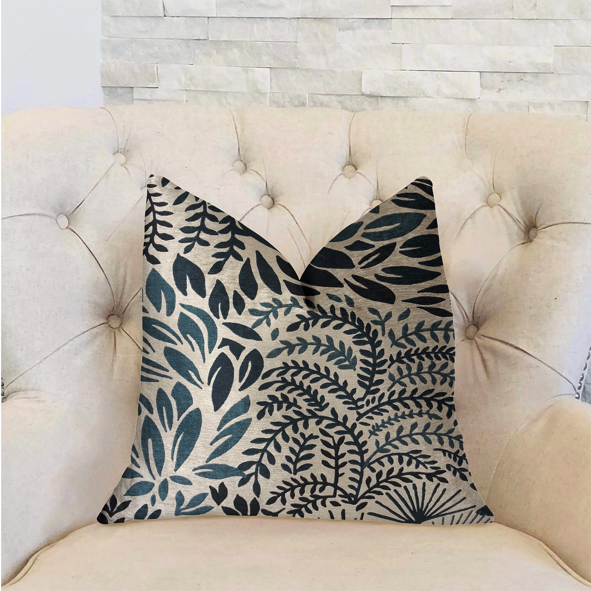 Leaf Snap Blue and Beige Luxury Throw Pillow featuring a floral pattern, handmade in the USA with a soft cotton fabric.