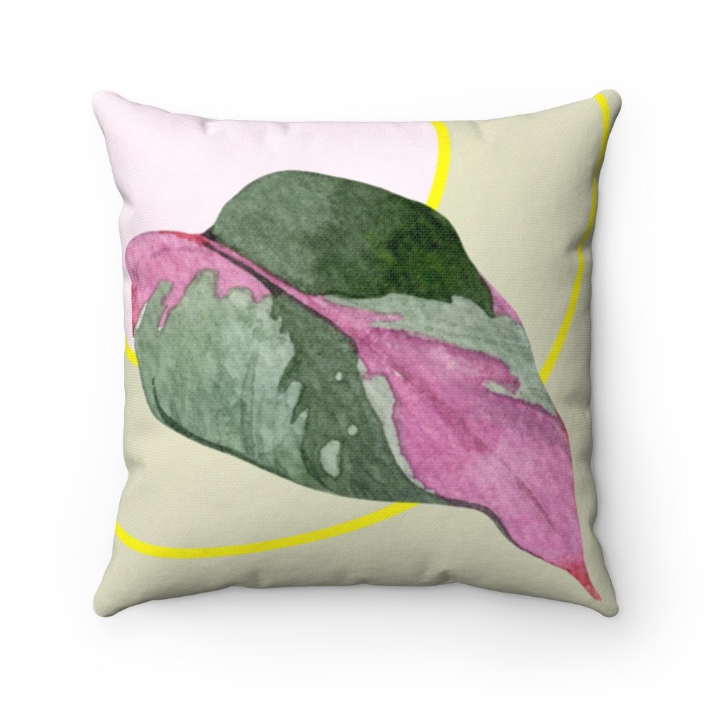 Leaf Square Pillow in various sizes with a vibrant leaf design, showcasing its double-sided print and concealed zipper.