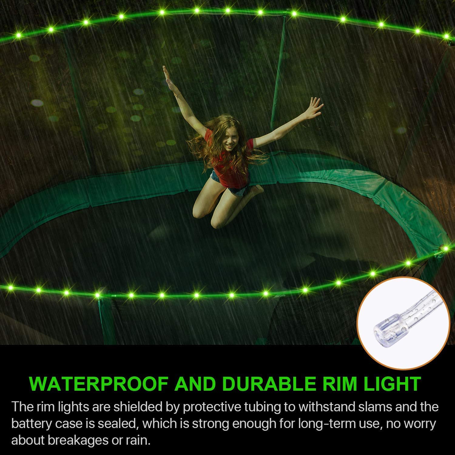 Colorful LED lights illuminating a trampoline at night, showcasing vibrant colors and a fun atmosphere for children.