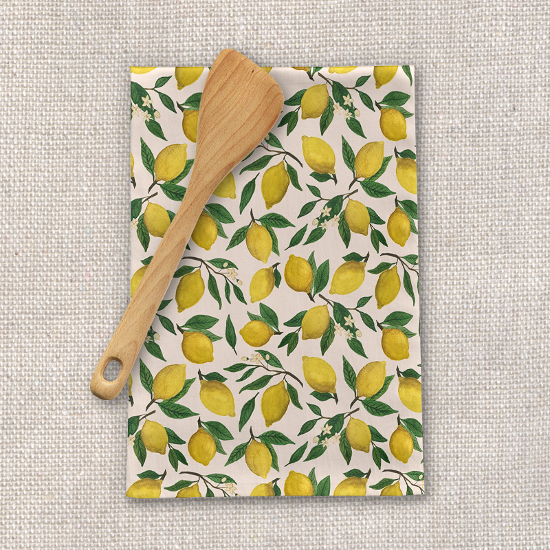 Lemon Blossom Tea Towel featuring vibrant floral design on cotton twill fabric, perfect for kitchen use.