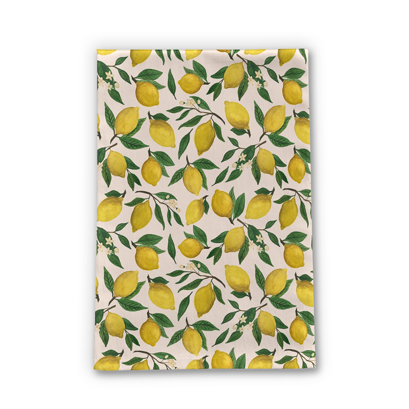 Lemon Blossom Tea Towel featuring vibrant floral design on cotton twill fabric, perfect for kitchen use.