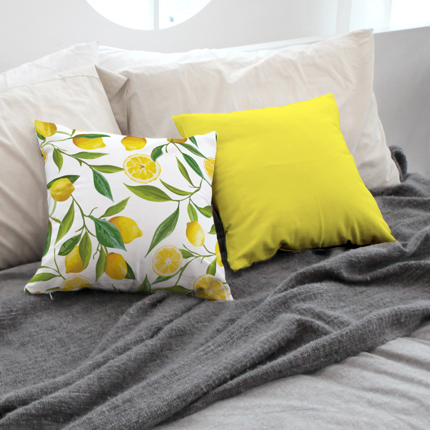 Lemon Farm double-sided cushion showcasing vibrant lemon pattern and soft microfiber material.