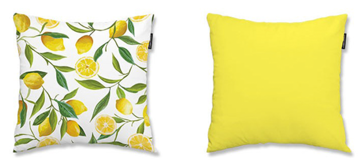 Lemon Farm double-sided cushion showcasing vibrant lemon pattern and soft microfiber material.