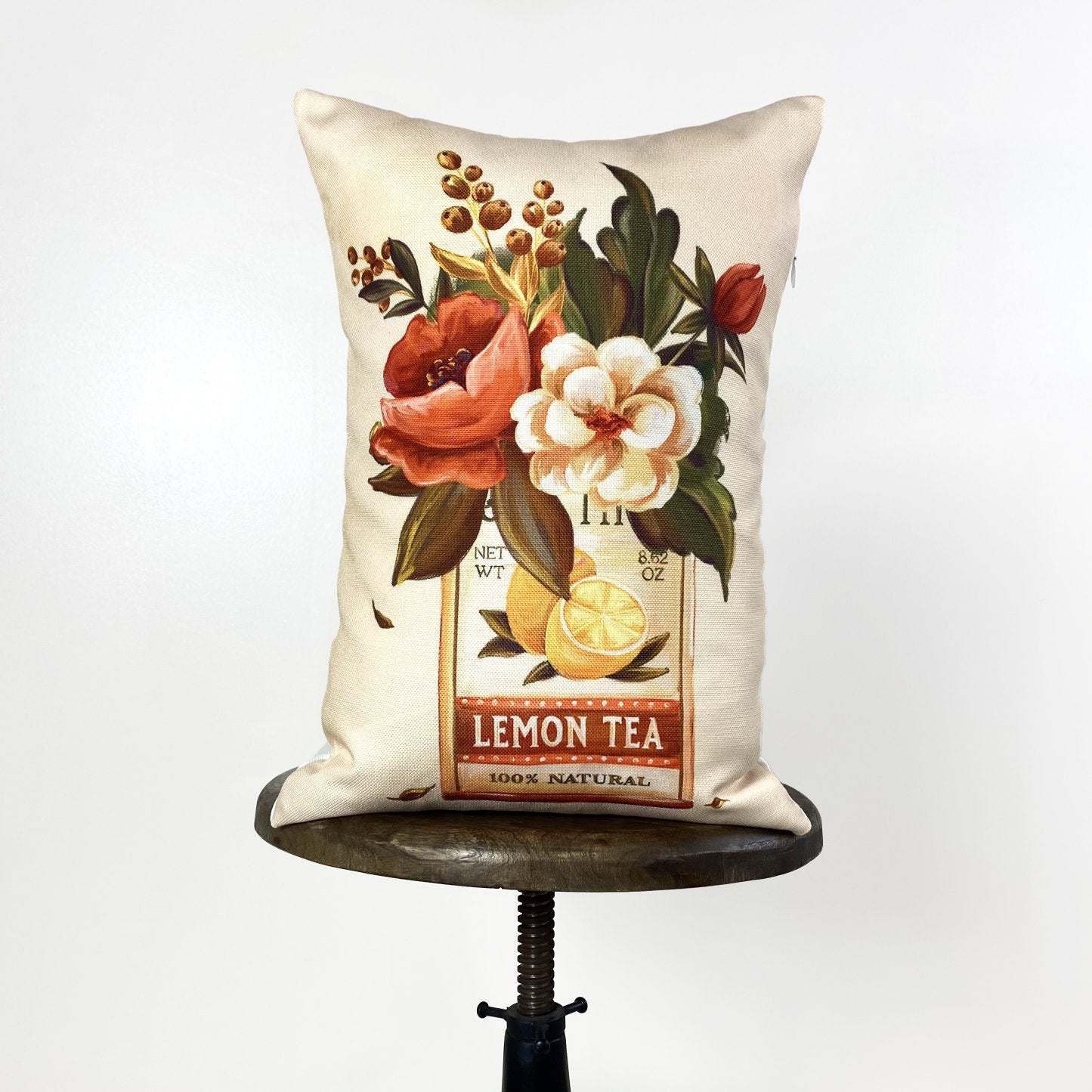 Lemon Tea Tin Flowers accent pillow with floral design, featuring a concealed zipper and soft colors, perfect for home decor.