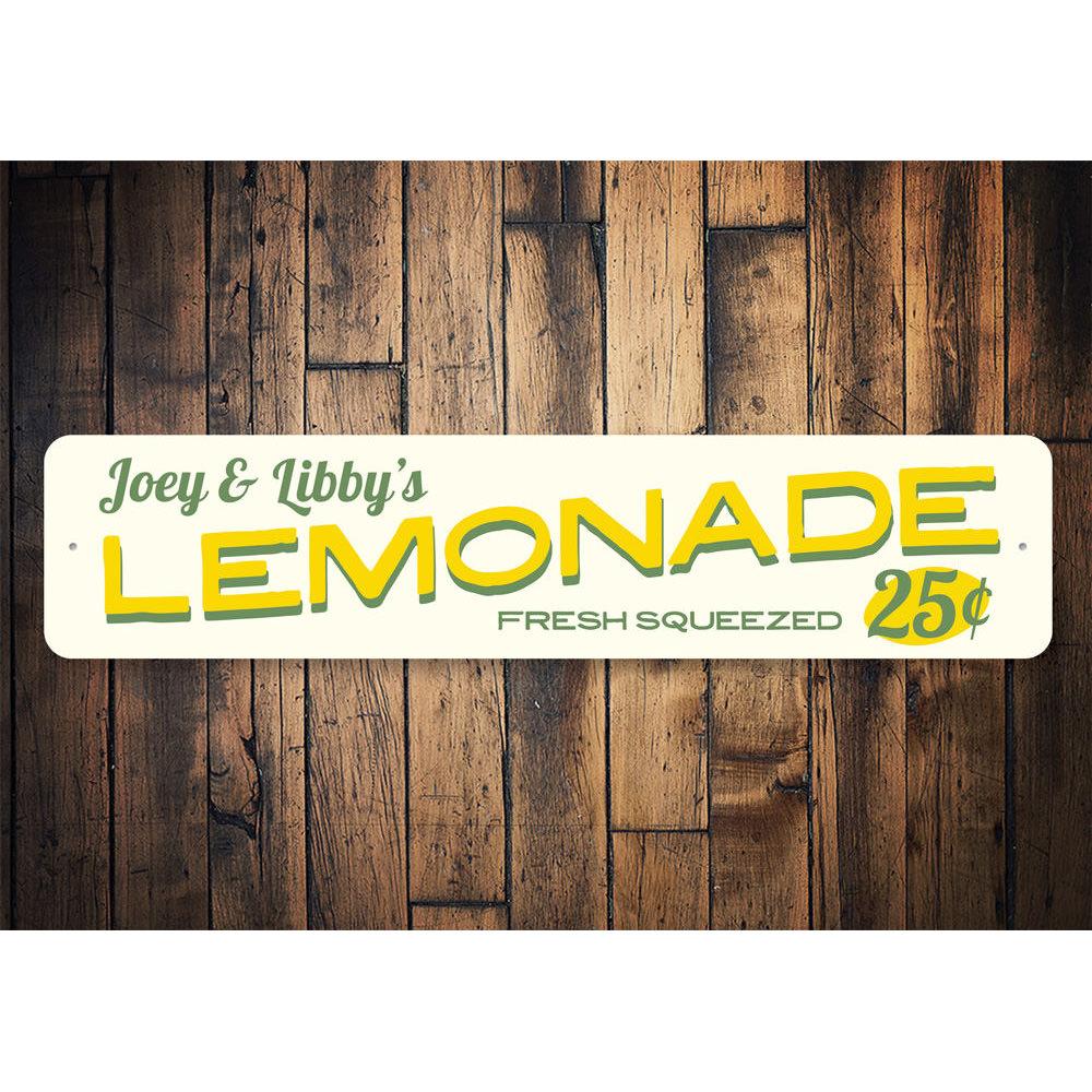 Lemonade 25 Cents Sign made of durable aluminum, featuring vibrant colors and playful design, perfect for kids' rooms or kitchens.