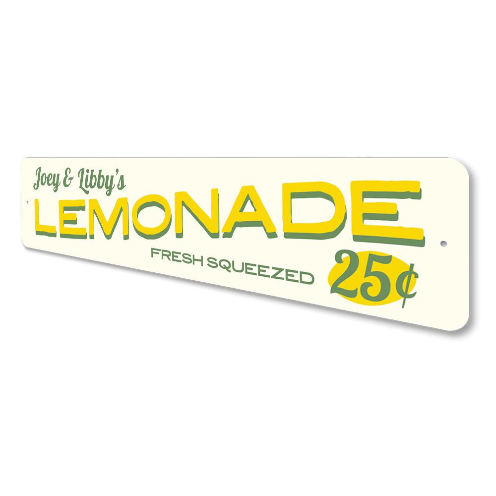 Lemonade 25 Cents Sign made of durable aluminum, featuring vibrant colors and playful design, perfect for kids' rooms or kitchens.