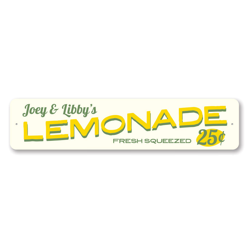 Lemonade 25 Cents Sign made of durable aluminum, featuring vibrant colors and playful design, perfect for kids' rooms or kitchens.