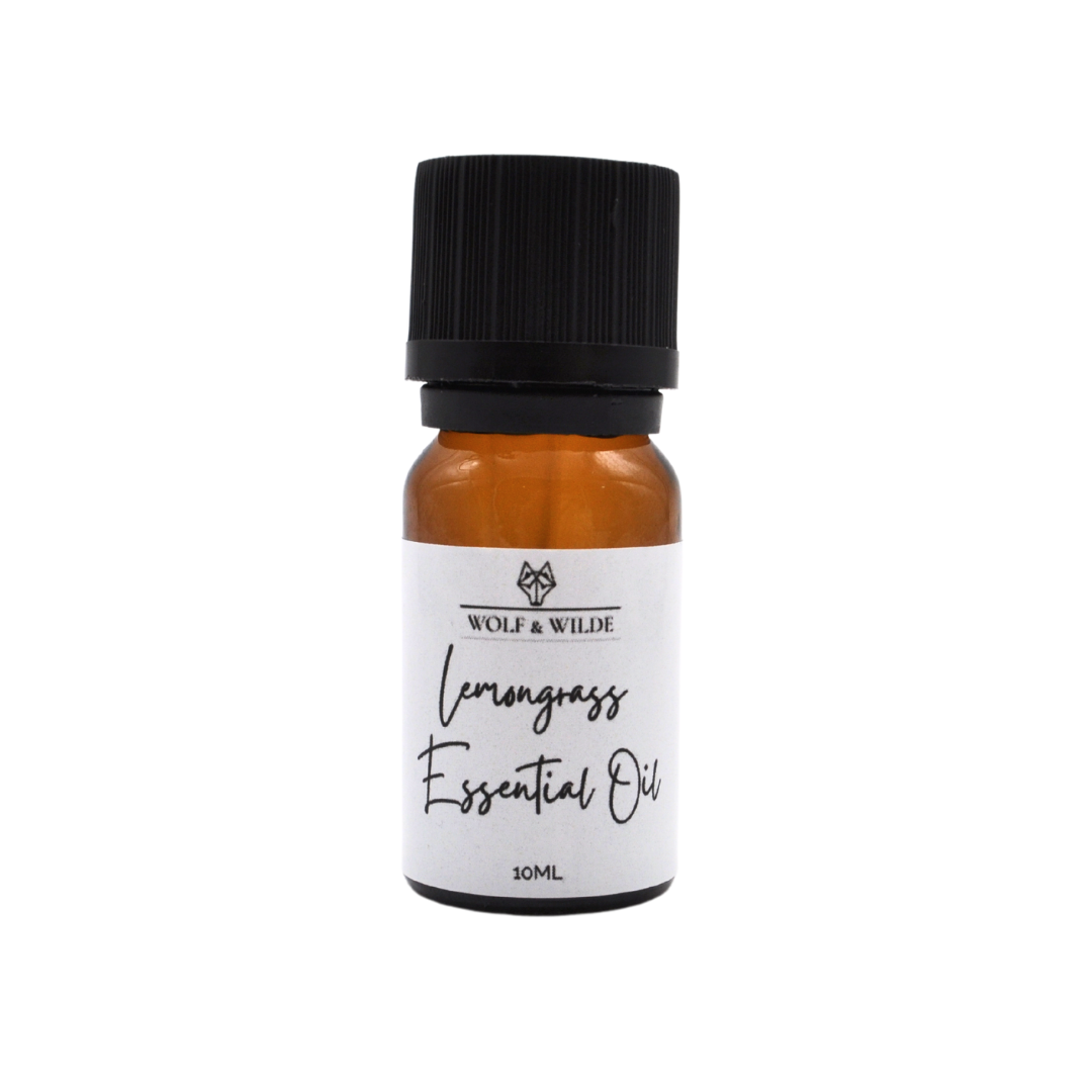 10ml glass dropper bottle of Lemongrass Organic Pure Essential Oil with a citrus scent, ideal for aromatherapy and relaxation.