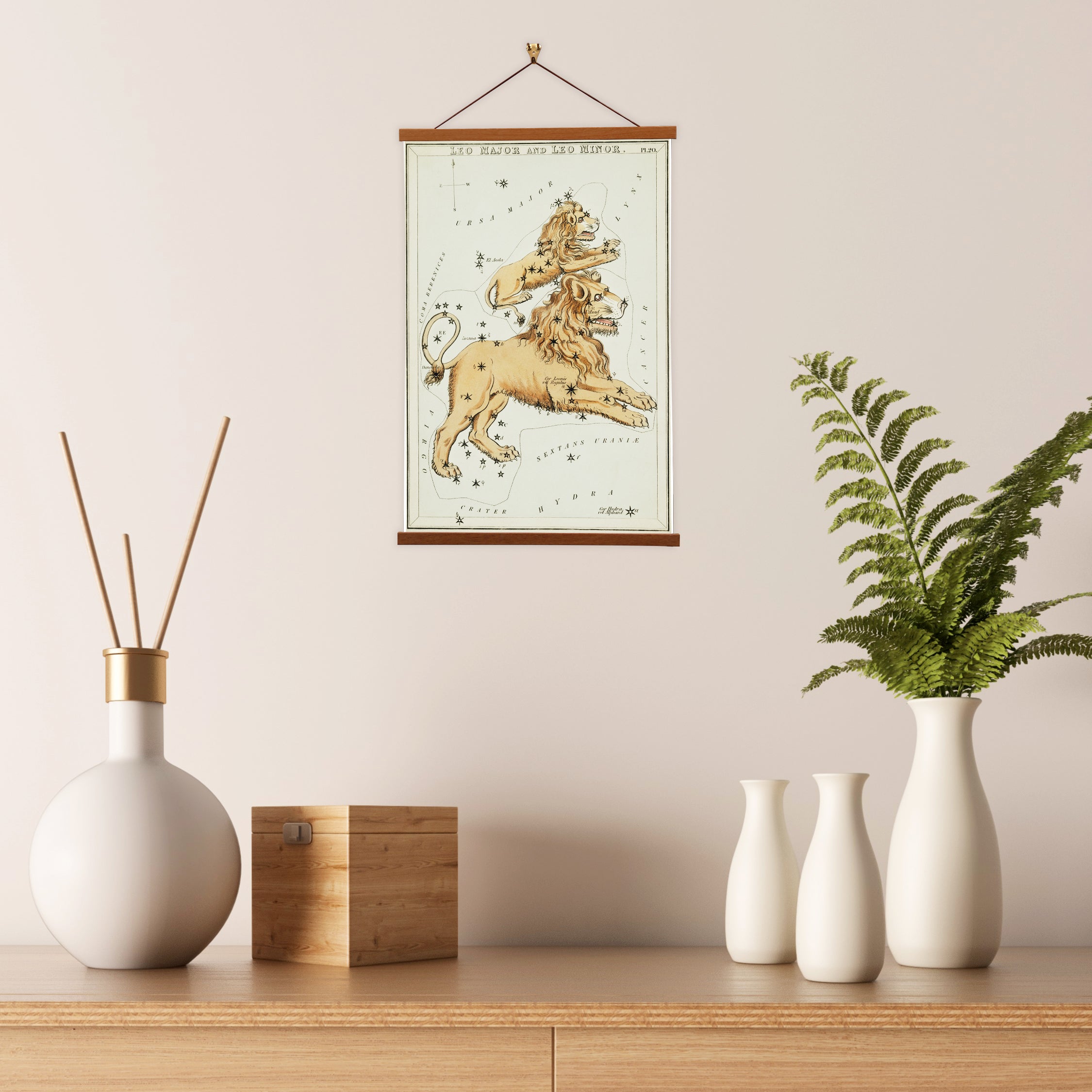 Canvas wall art featuring Leo Major and Leo Minor constellations by Sidney Hall, showcasing detailed stars and a lion's mane.