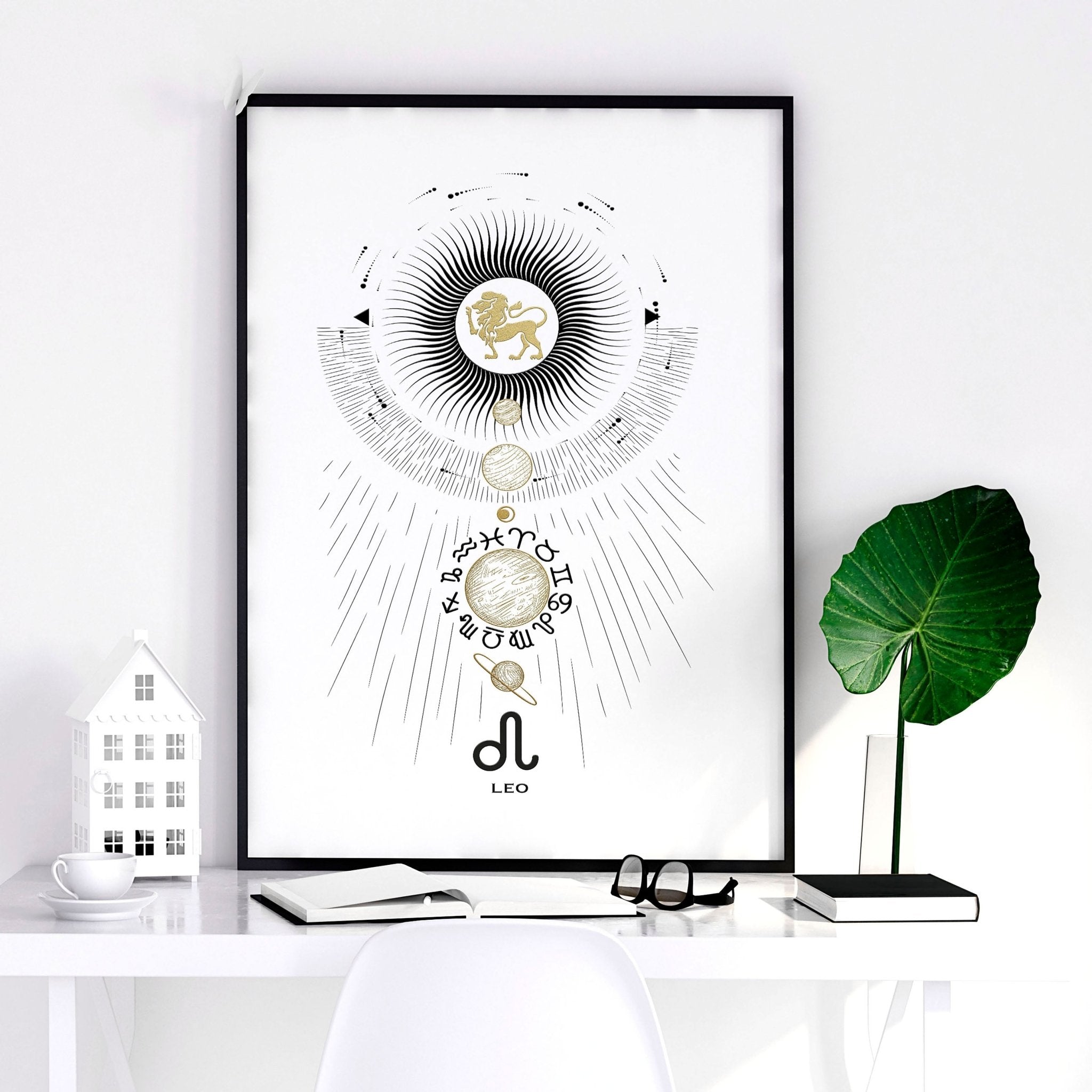 A stylish Leo zodiac sign wall art print featuring a black, white, and gold design, perfect for home decor.