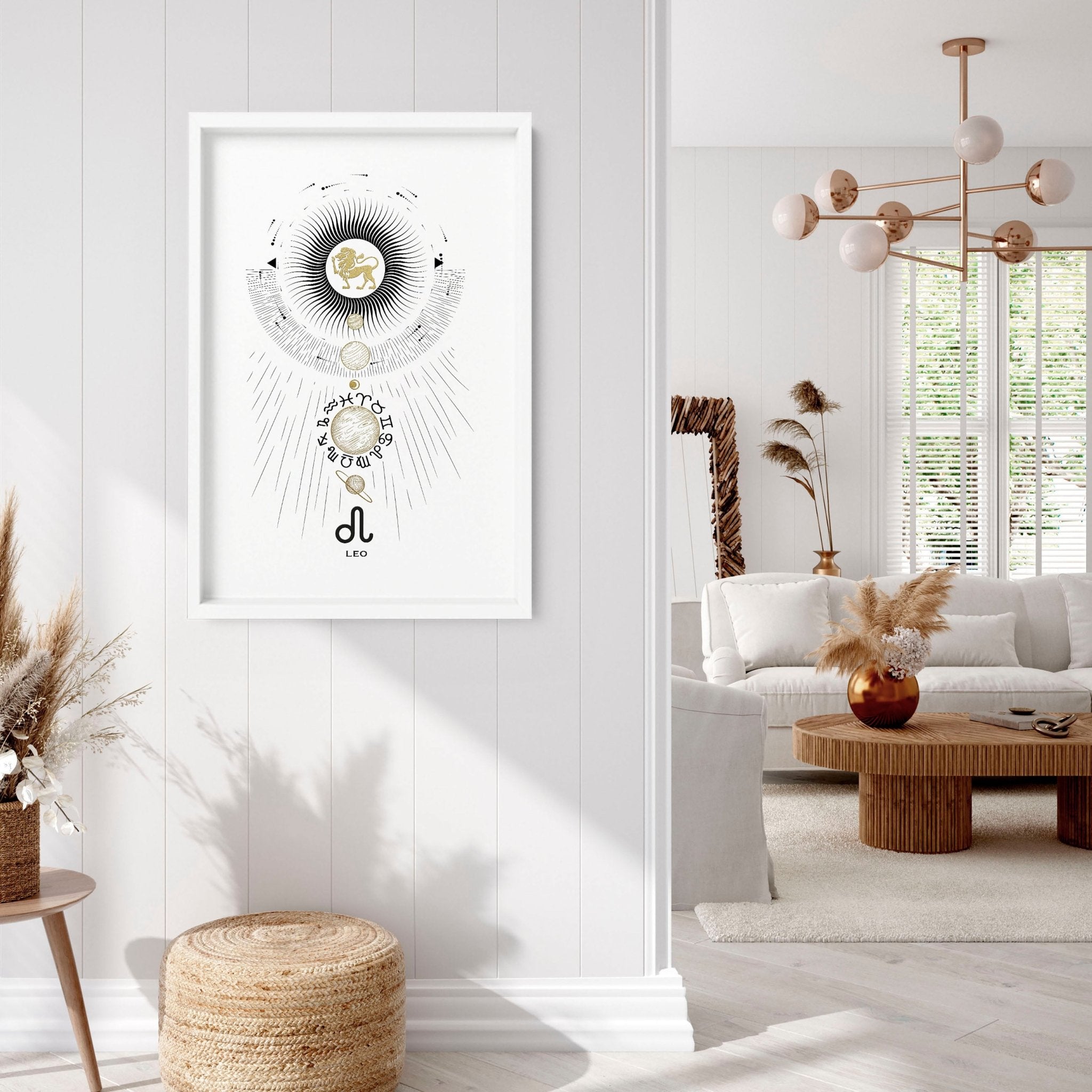 A stylish Leo zodiac sign wall art print featuring a black, white, and gold design, perfect for home decor.