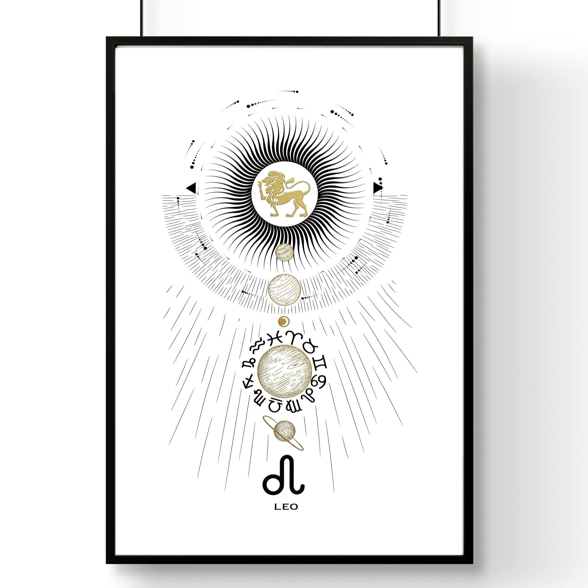 A stylish Leo zodiac sign wall art print featuring a black, white, and gold design, perfect for home decor.