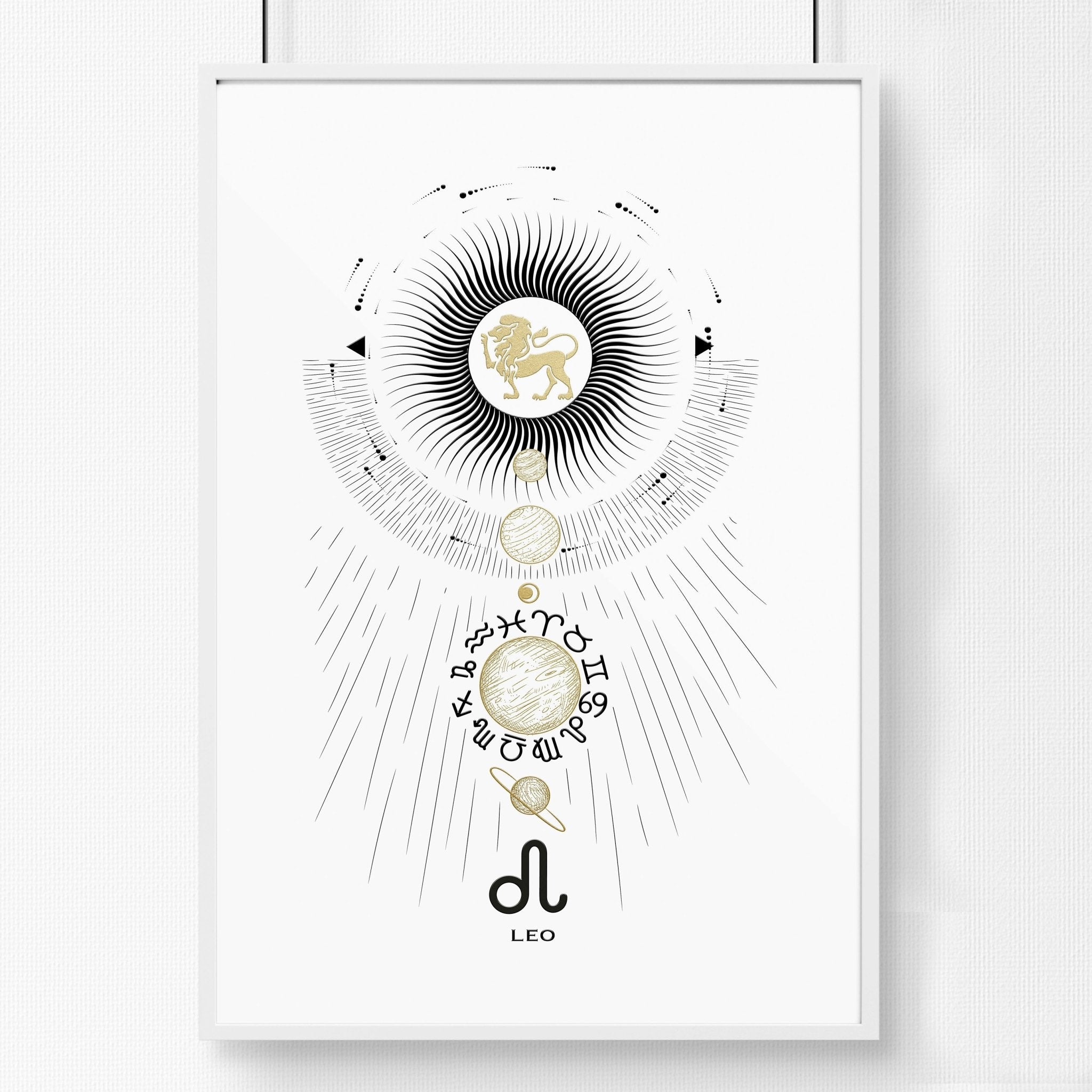 A stylish Leo zodiac sign wall art print featuring a black, white, and gold design, perfect for home decor.