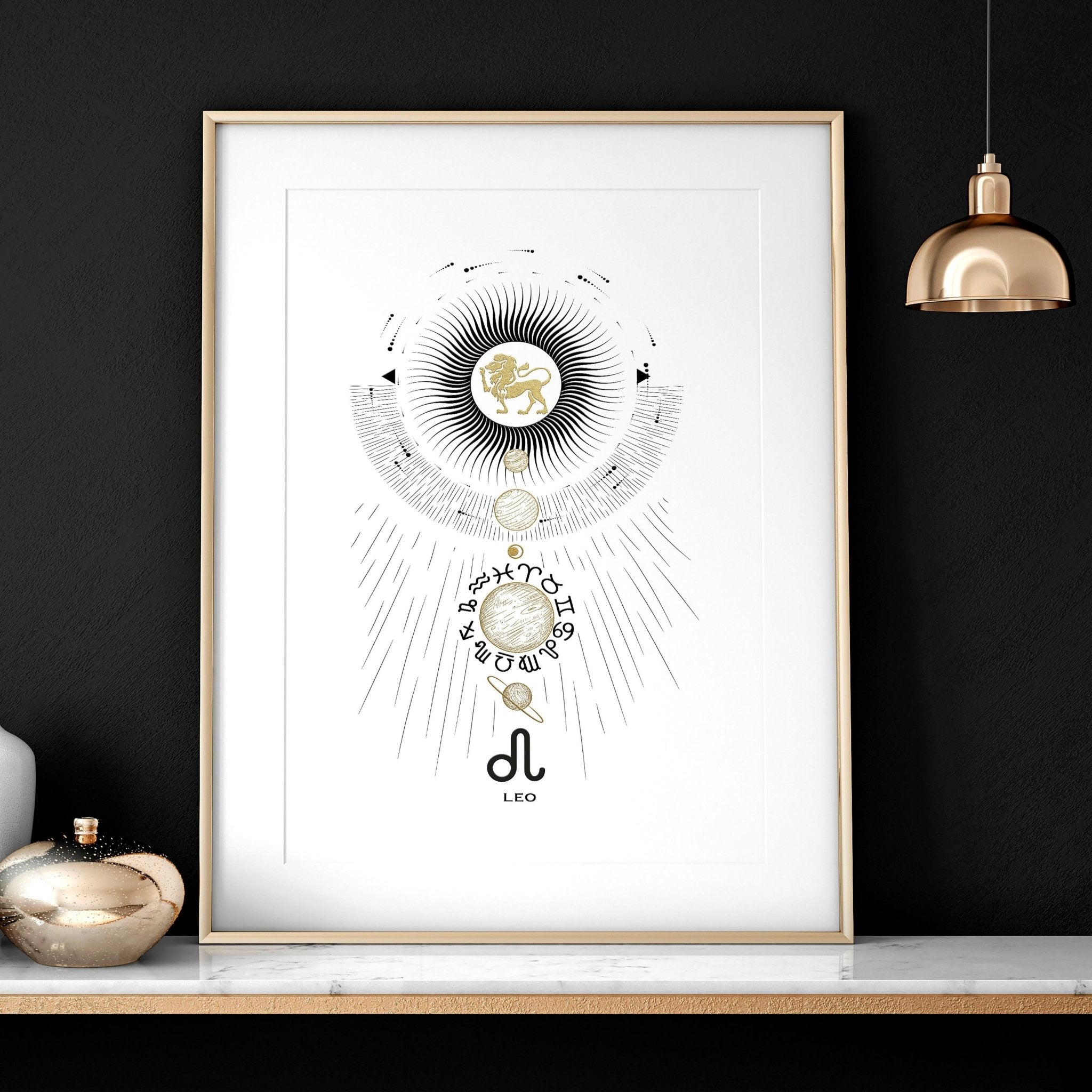 A stylish Leo zodiac sign wall art print featuring a black, white, and gold design, perfect for home decor.