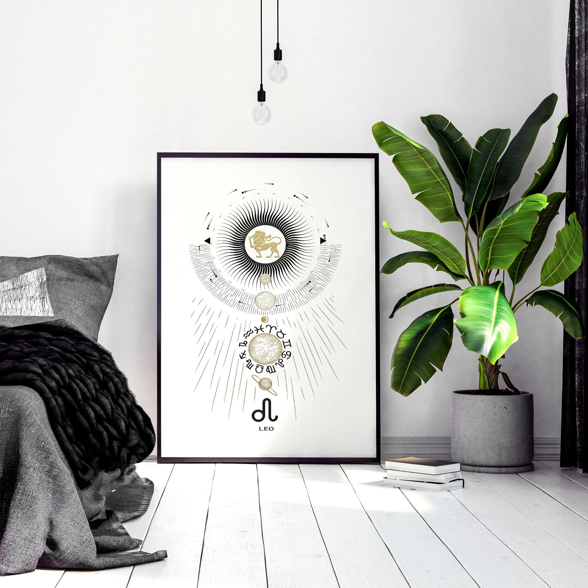 A stylish Leo zodiac sign wall art print featuring a black, white, and gold design, perfect for home decor.