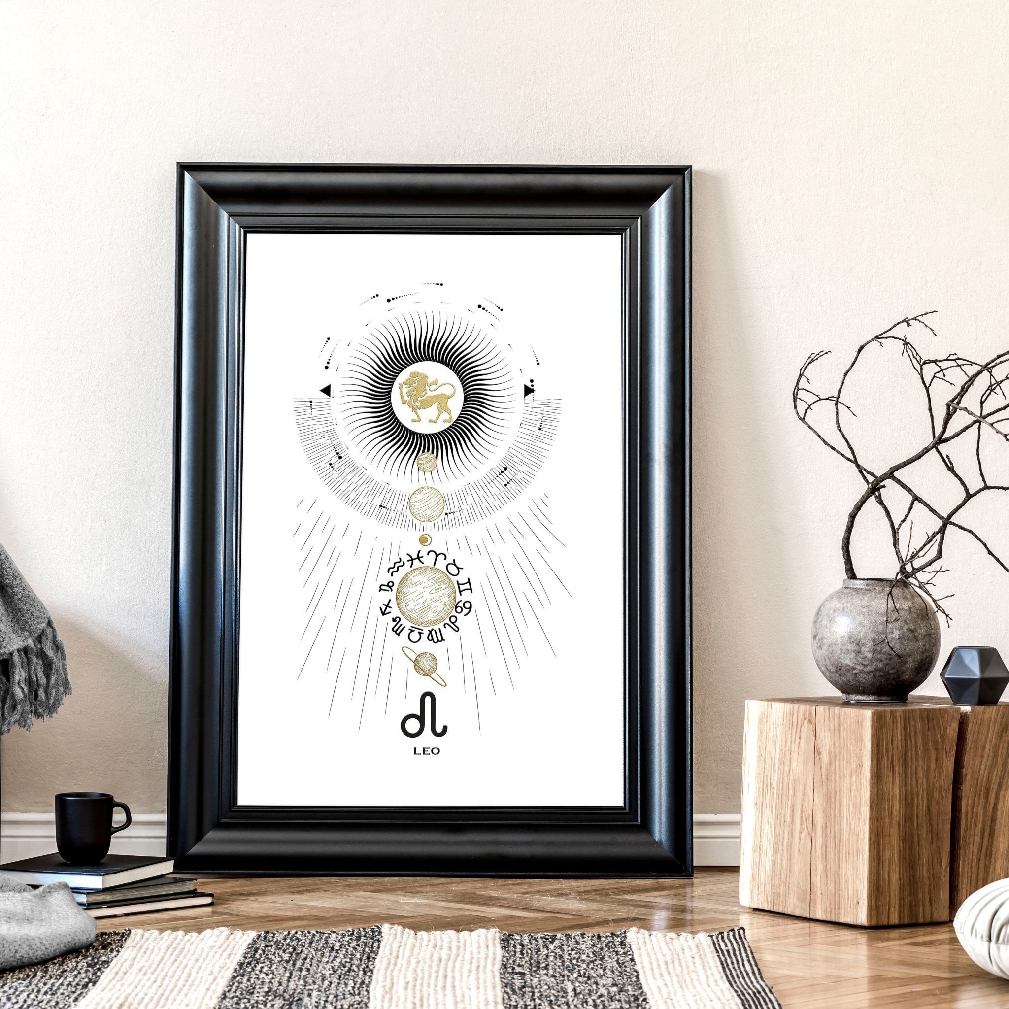 A stylish Leo zodiac sign wall art print featuring a black, white, and gold design, perfect for home decor.