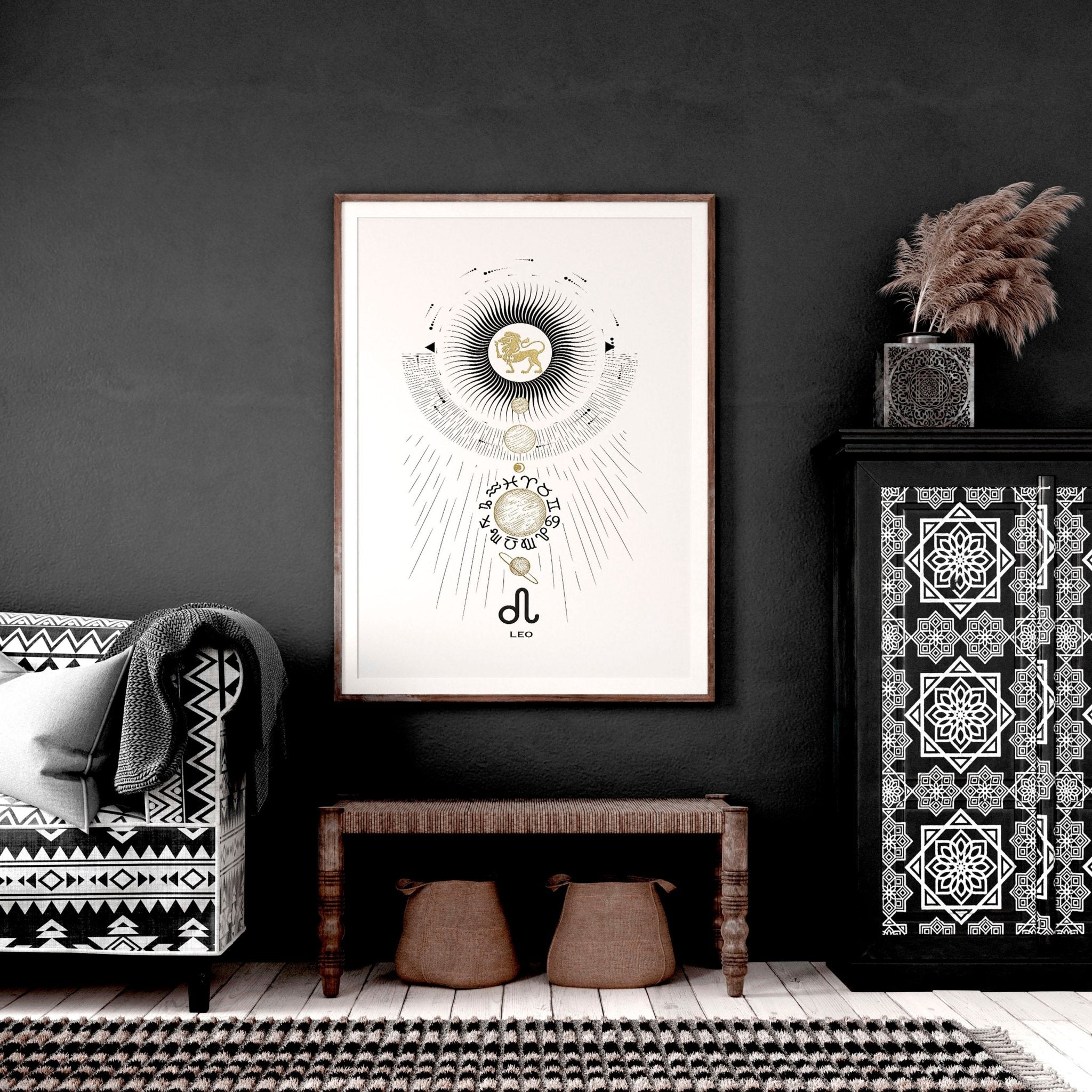 A stylish Leo zodiac sign wall art print featuring a black, white, and gold design, perfect for home decor.