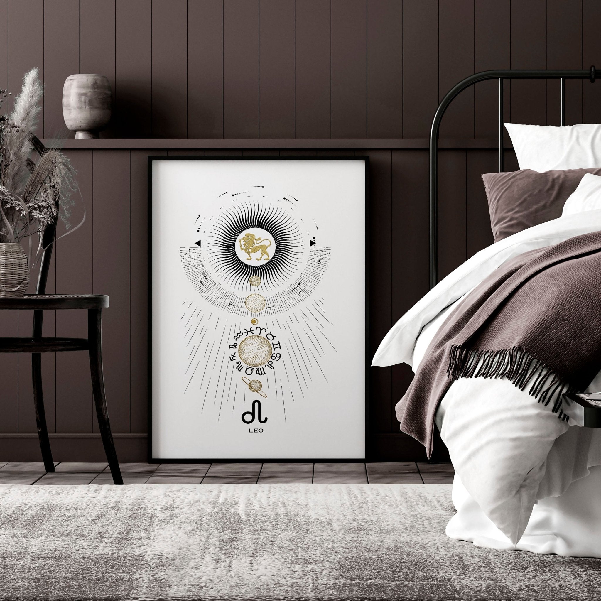 A stylish Leo zodiac sign wall art print featuring a black, white, and gold design, perfect for home decor.