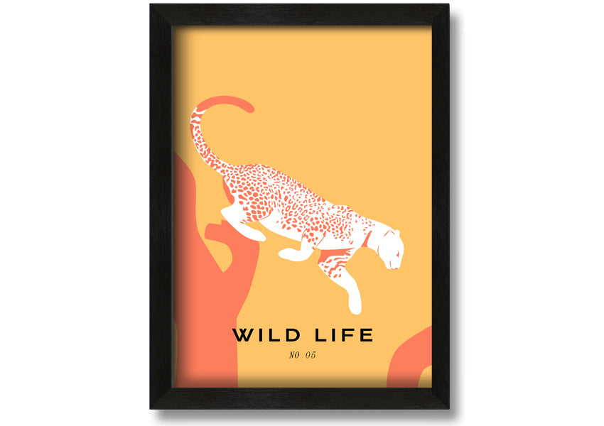 A beautifully framed Leopard Leap print showcasing a leopard in mid-leap, available in various frame colors.