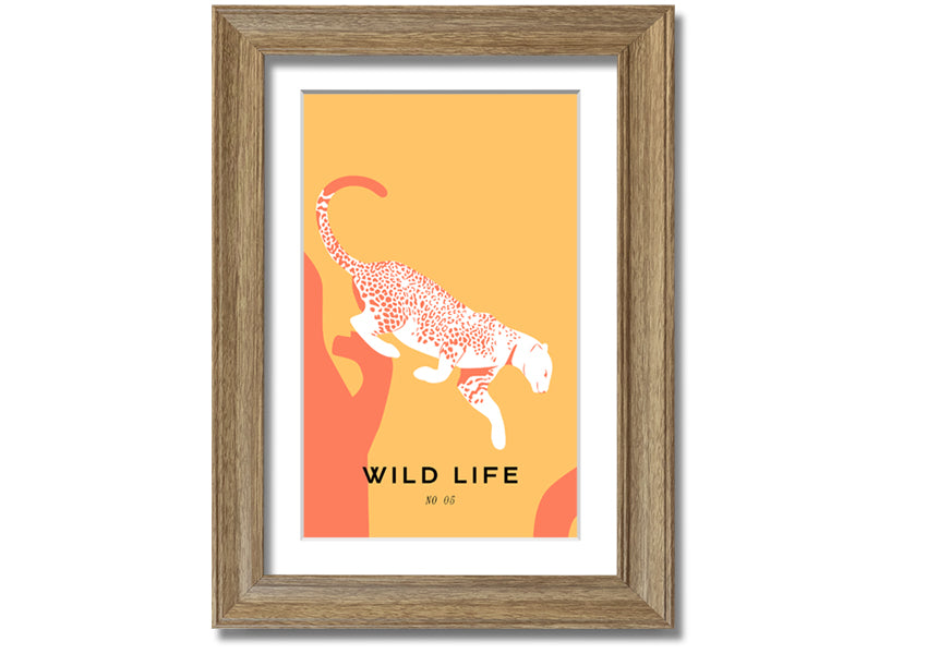 A beautifully framed Leopard Leap print showcasing a leopard in mid-leap, available in various frame colors.