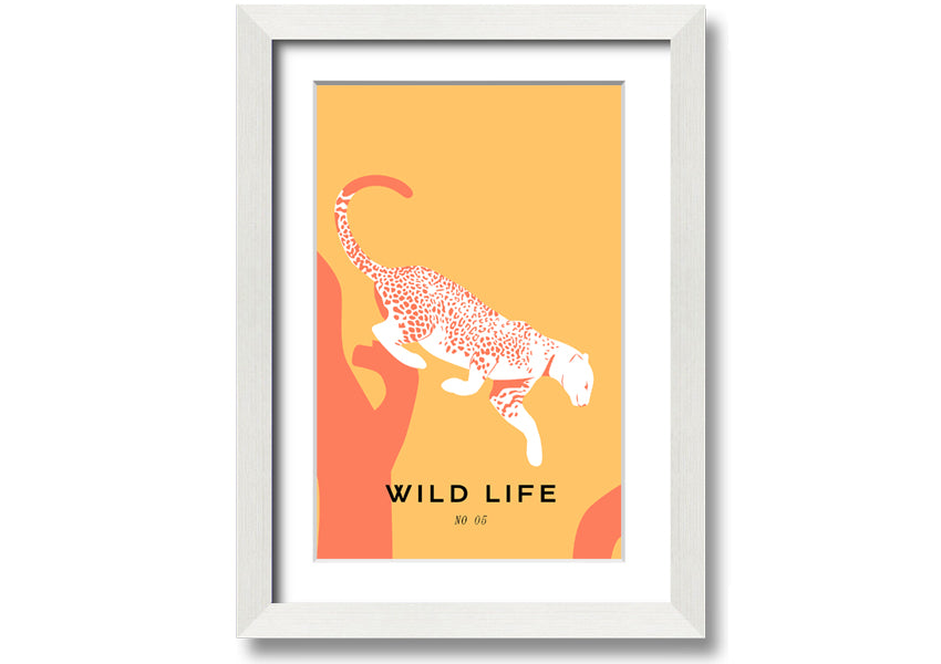 A beautifully framed Leopard Leap print showcasing a leopard in mid-leap, available in various frame colors.