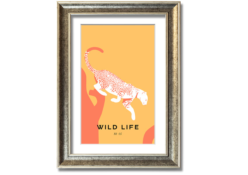 A beautifully framed Leopard Leap print showcasing a leopard in mid-leap, available in various frame colors.