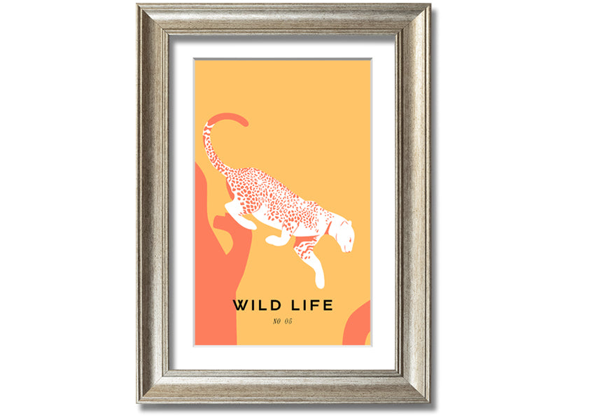 A beautifully framed Leopard Leap print showcasing a leopard in mid-leap, available in various frame colors.