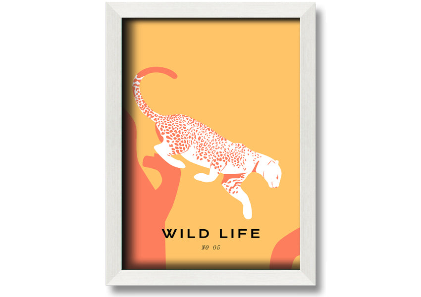 A beautifully framed Leopard Leap print showcasing a leopard in mid-leap, available in various frame colors.