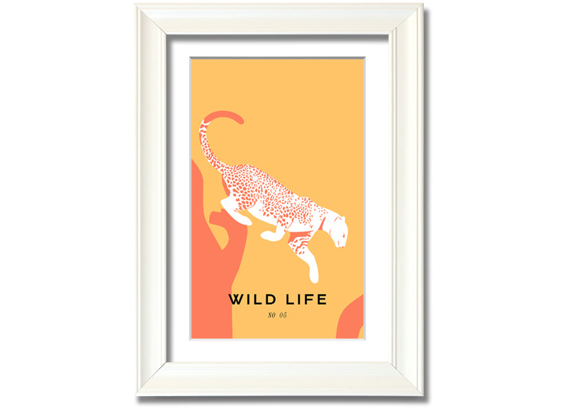 A beautifully framed Leopard Leap print showcasing a leopard in mid-leap, available in various frame colors.