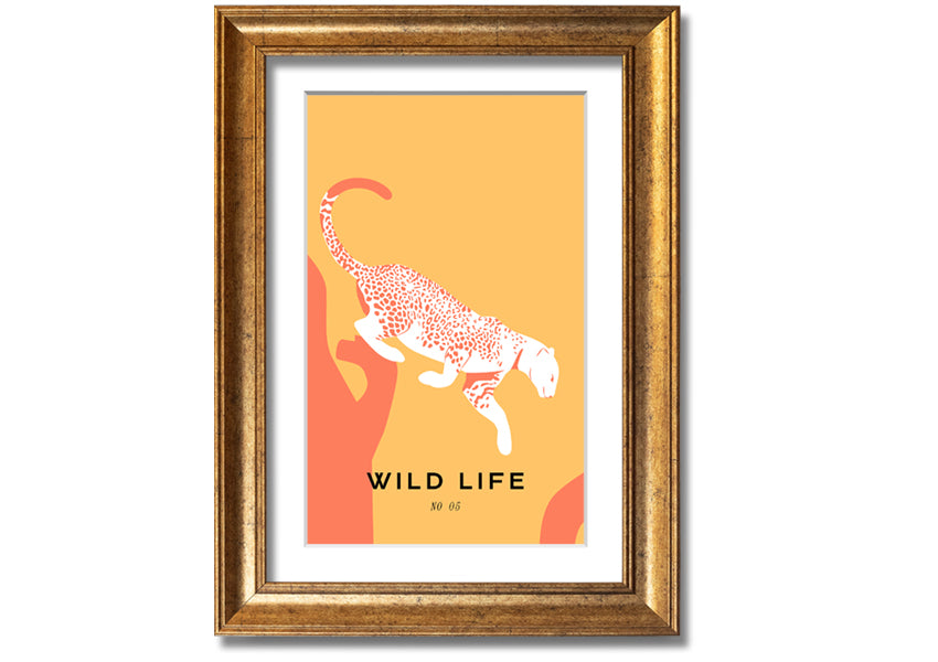 A beautifully framed Leopard Leap print showcasing a leopard in mid-leap, available in various frame colors.